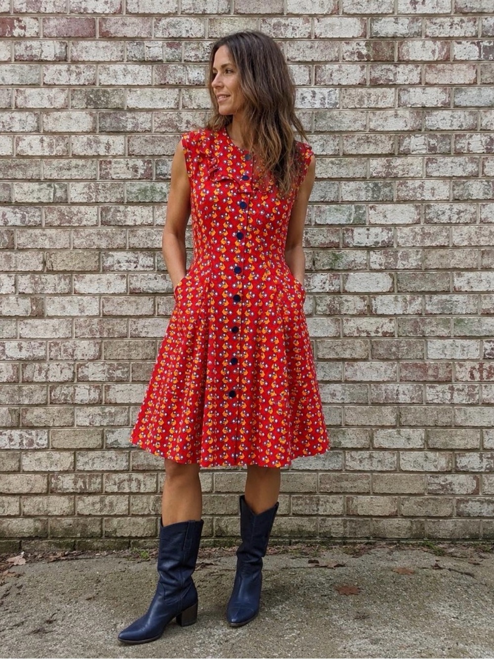 Vintage Handmade 70s Red Floral Ruffle Yoke Dress XS Cottagecore